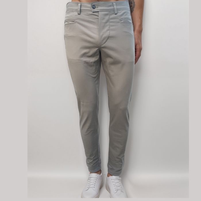 pantalone in cotone elasticizzato beige con tasca a filetto aperto stile sardo
