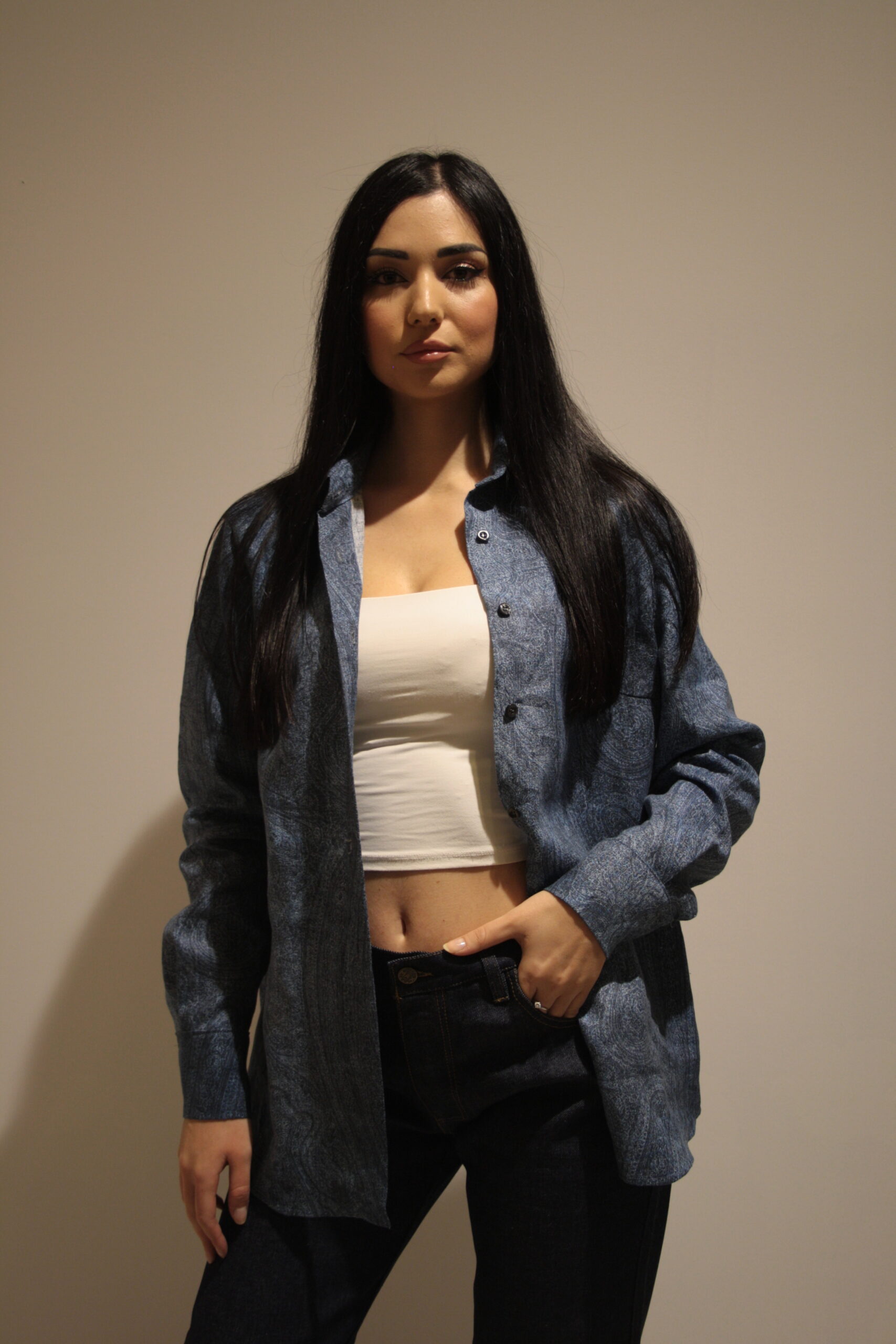 Camicia sartoriale donna in lino naturale blu denim